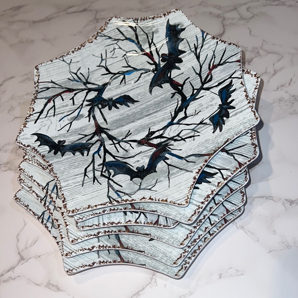 NWT 6pc Spooky Bats spider web shaped Melamine App Snack Plate Reusable